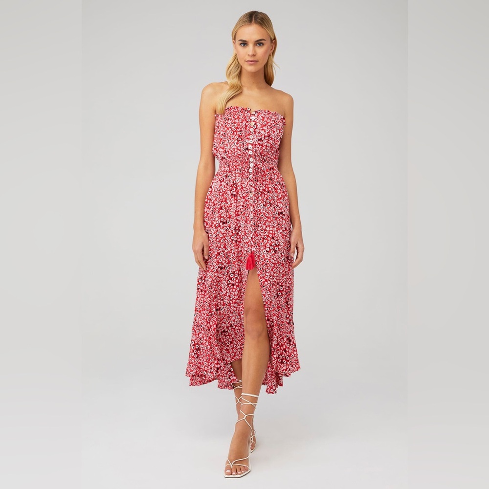 Tiare Hawaii Red Floral High-Low Sundress with front slit & buttons